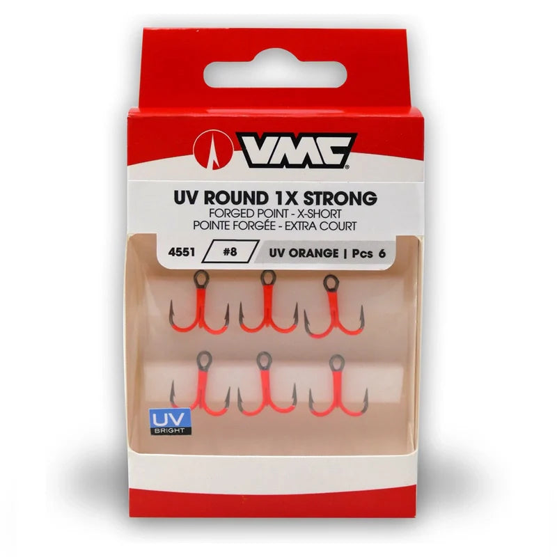 VMC UV Hooks orange round treble fishing hooks with high-visibility UV-sensitive color for predator fishing