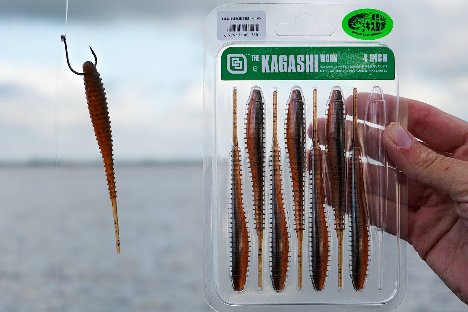 PXS Kagashi Worm 4 inch 10 cm eco-friendly silicone fishing lure with pin-tail trailer design and shrimp scent, 8 pcs package