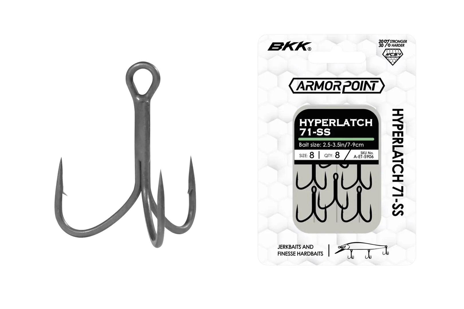 BKK Hyper Latch 70-SS treble hooks made of Hyper Carbon Steel with Super Slide coating and epoxy-sealed eye for enhanced fishing performance