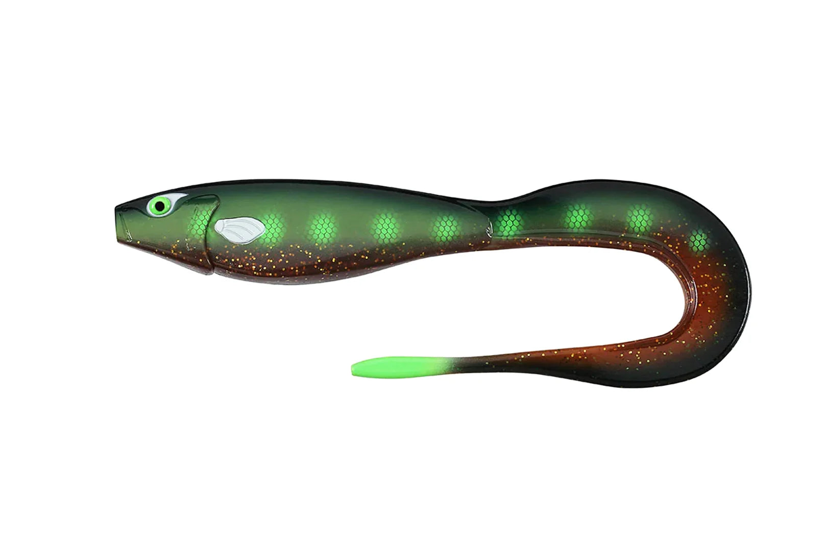 Frapp Tricky Tail 8 inch fishing lure with bent tail and strong vibration for big predators