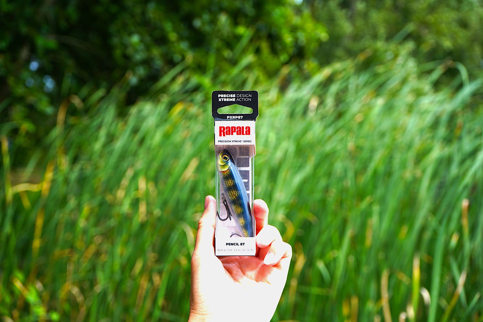 Rapala Precision X-Treme Pencil 87 topwater fishing lure with 3D holographic eyes and wire-through construction