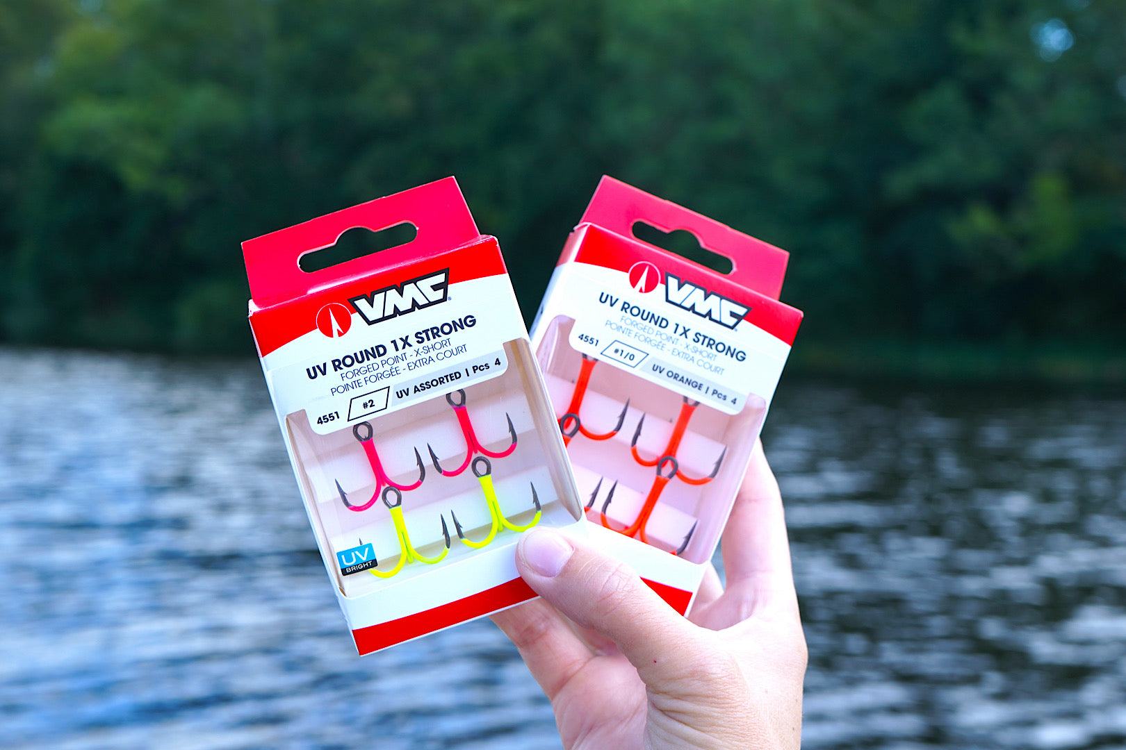 VMC UV Hooks orange round treble fishing hooks with high-visibility UV-sensitive color