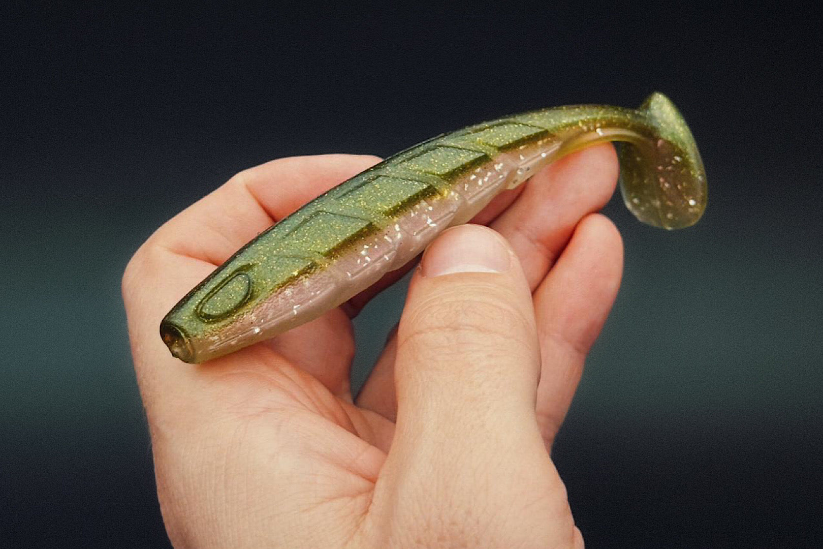 Nays PRDTR 50 2.0 softbait close-up in hand – olive green paddle tail for perch and zander fishing