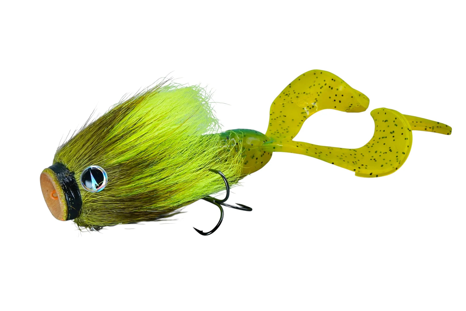 Close-up of Charlie's Mustache Mouse Combo fishing lure with VMC Mustache Shallow and CWC Double Tail components