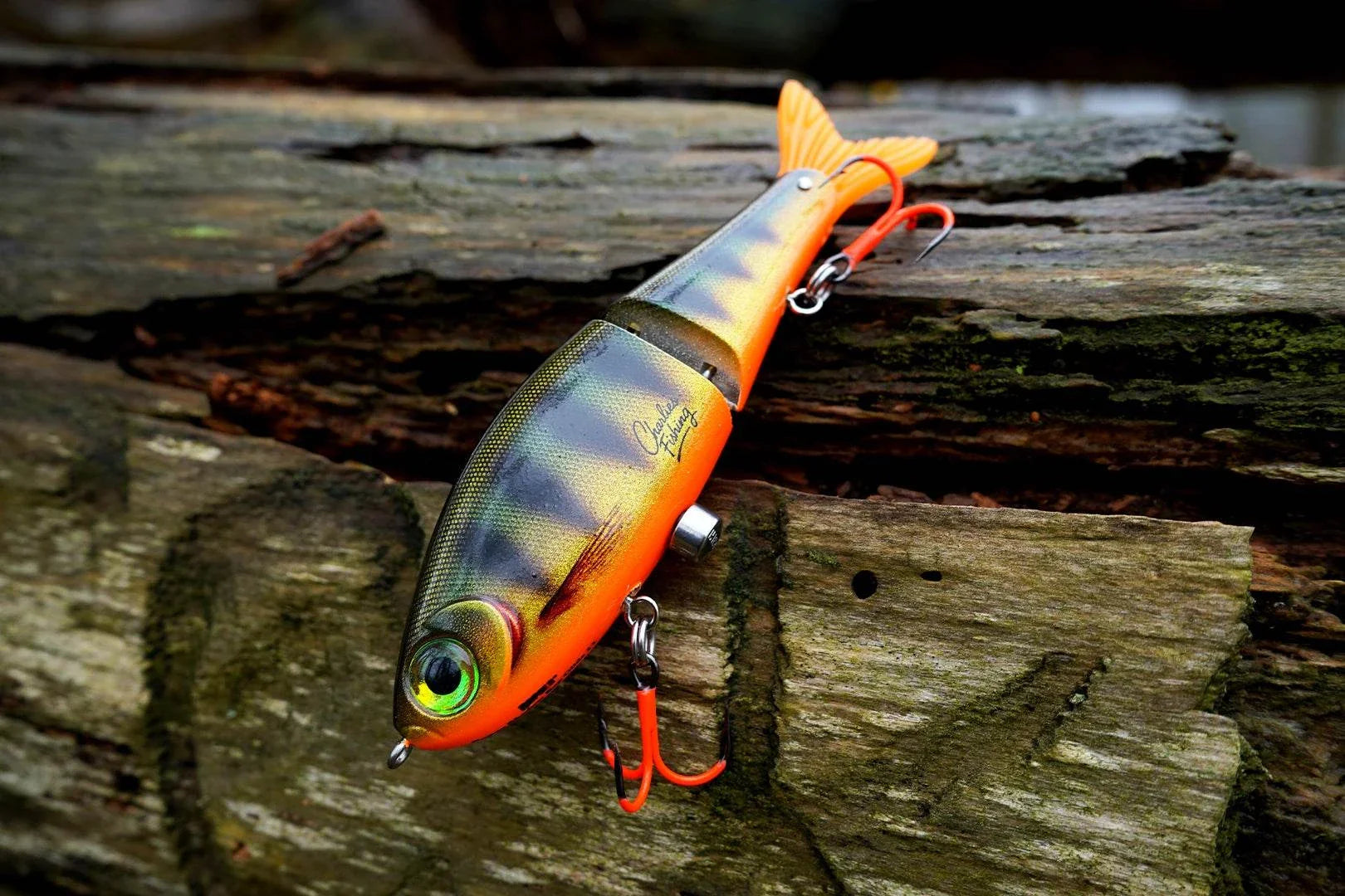 Rapala x Charlie's Fishing Limited Edition Super Shadow Rap Glide 11 perch pattern fishing lure with VMC UV hooks and interchangeable tails