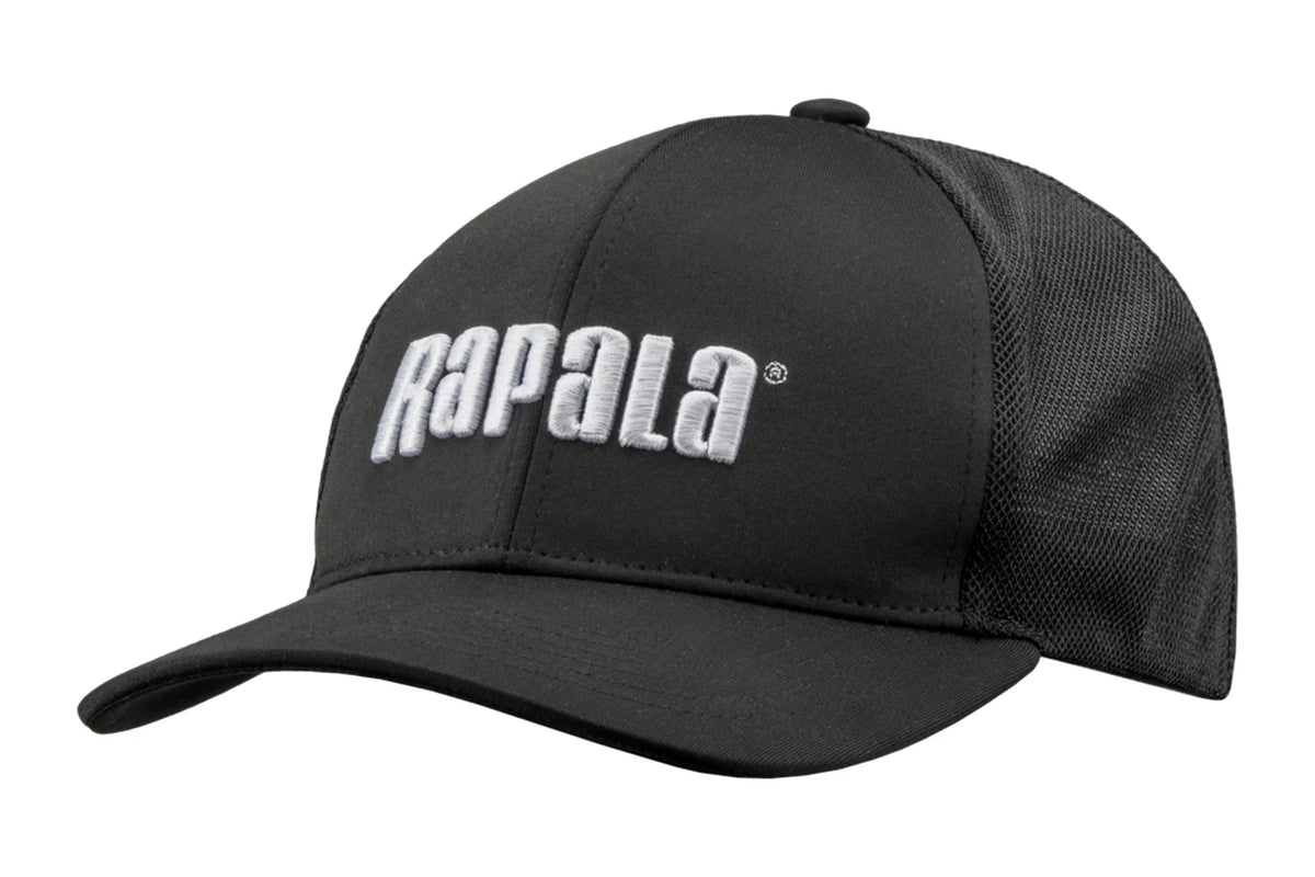 Black Rapala snapback cap with black mesh back panels and a white embroidered Rapala logo on the front