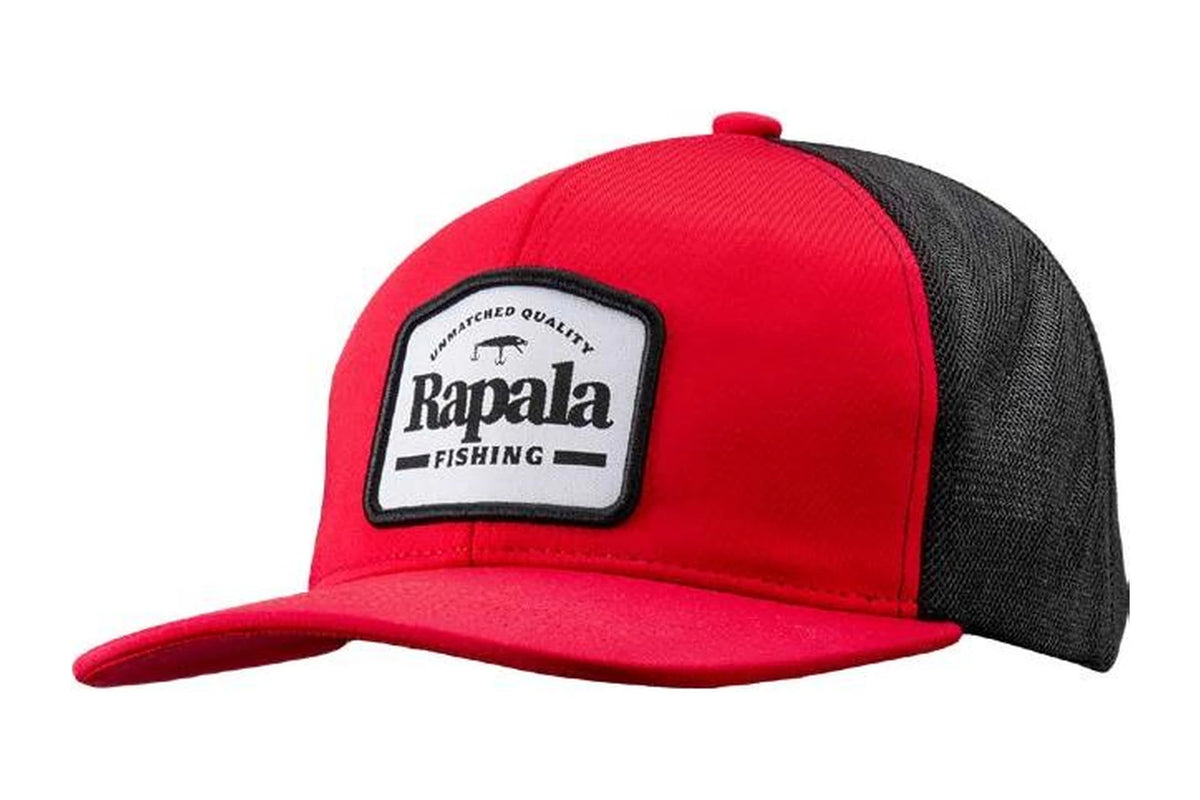Red Rapala snapback cap with black mesh back panels and a white Unmatched Quality Rapala Fishing patch on the front