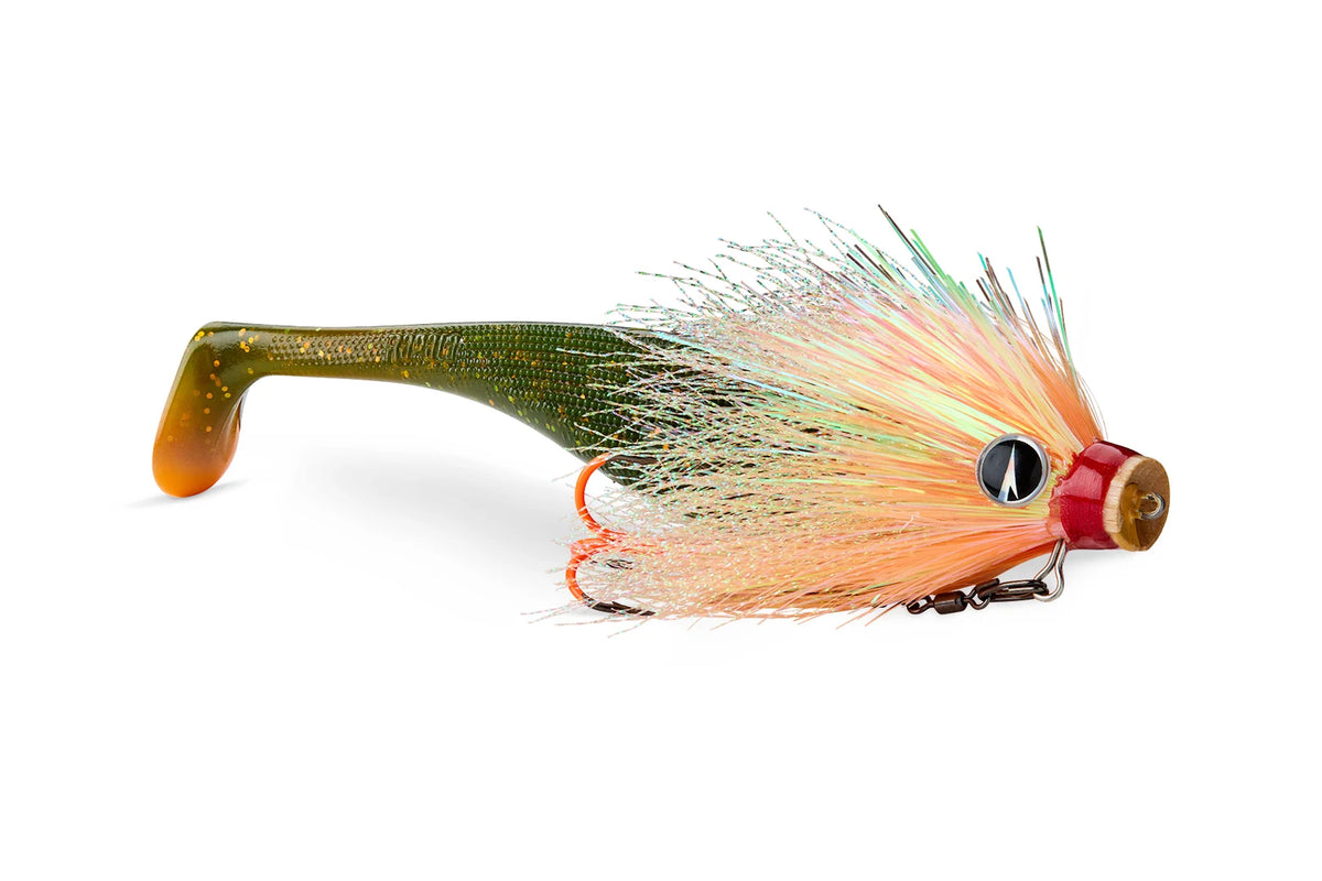 Rapala Soft Peto Mustache UV Orange, ready to fish paddle tail pike lure on a VMC Mustache head