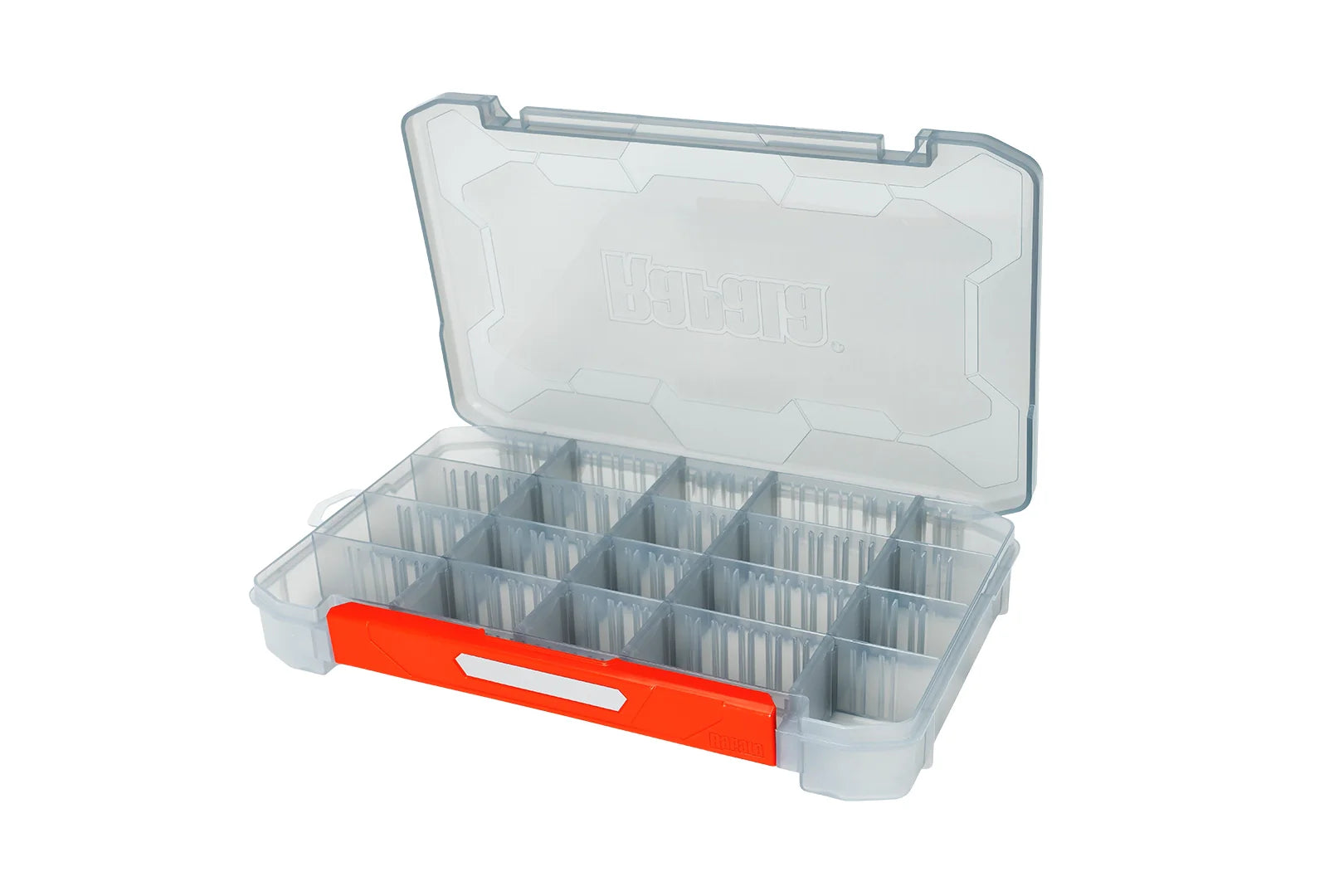 Rapala Tackle Tray with customizable dividers, quick latch, stackable design, and durable, heat-resistant plastic for organized fishing tackle storage.