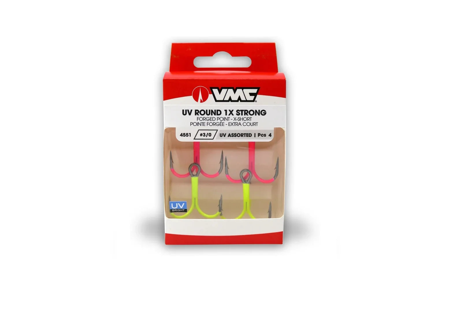 VMC UV Hooks assorted round treble in yellow and pink high-visibility UV colors for predator fishing
