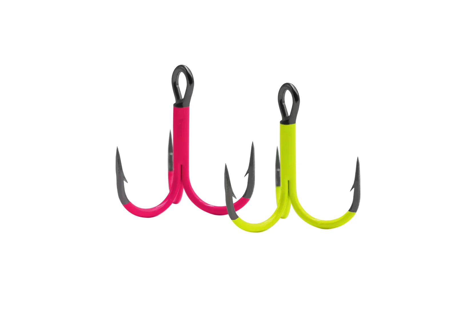 VMC UV Hooks assorted round treble in yellow and pink UV colors for predator fishing