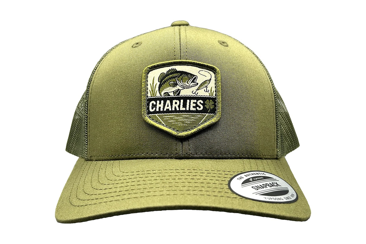 Charlie's Fishing Cap Green Bass, olive green trucker snapback fishing cap with woven bass patch, front view