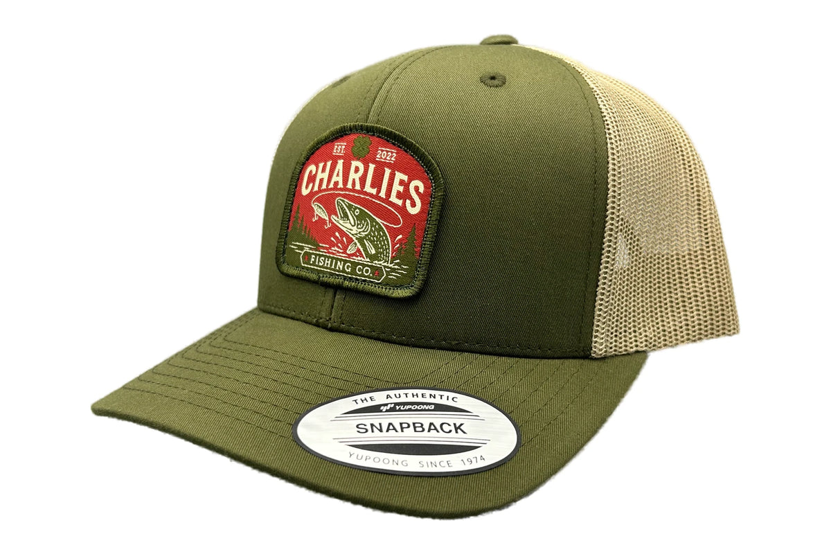 Charlie's Fishing Cap Green Pike, olive green trucker snapback with khaki mesh back, angled view