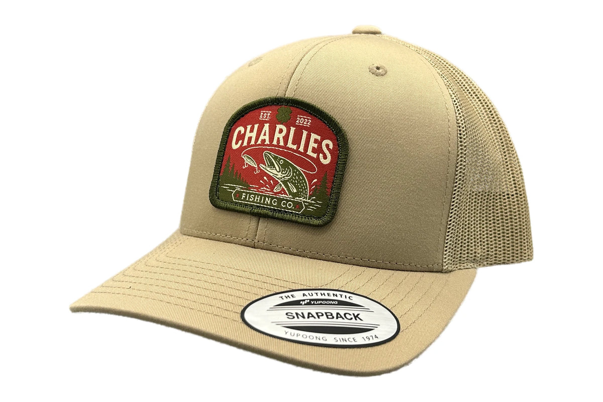 Charlie's Fishing Cap Khaki Pike, khaki trucker fishing cap with mesh back and woven pike patch, side view