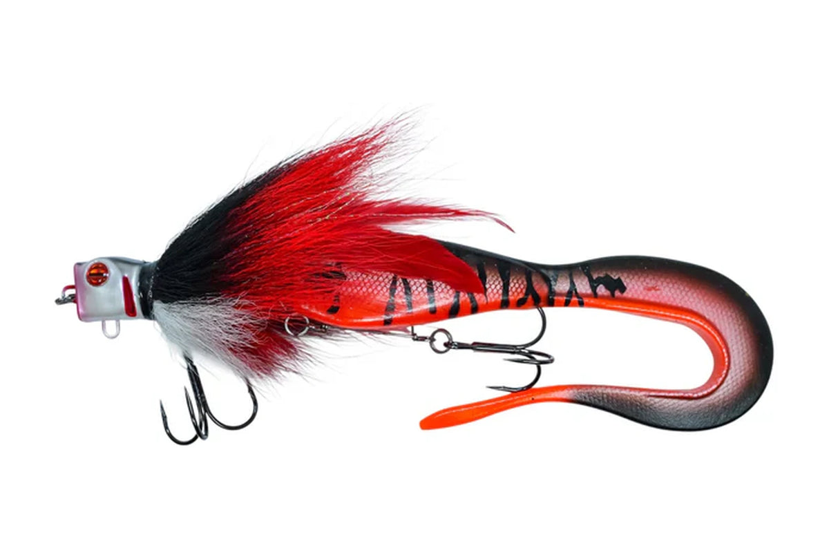 Frapp Rowdy Head Red Bite, bucktail pike lure with Tricky Tail trailer