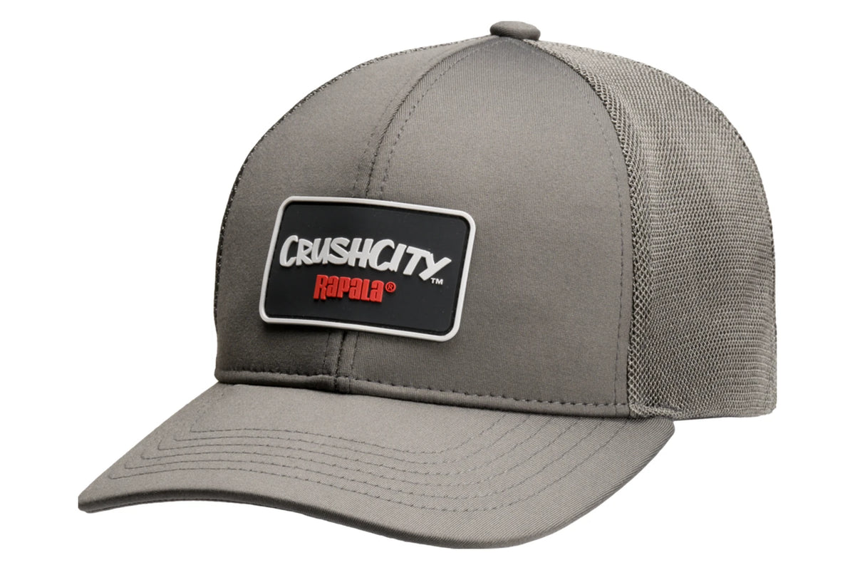 Grey Rapala snapback cap with grey mesh side and back panels and a moulded black CrushCity Rapala patch on the front