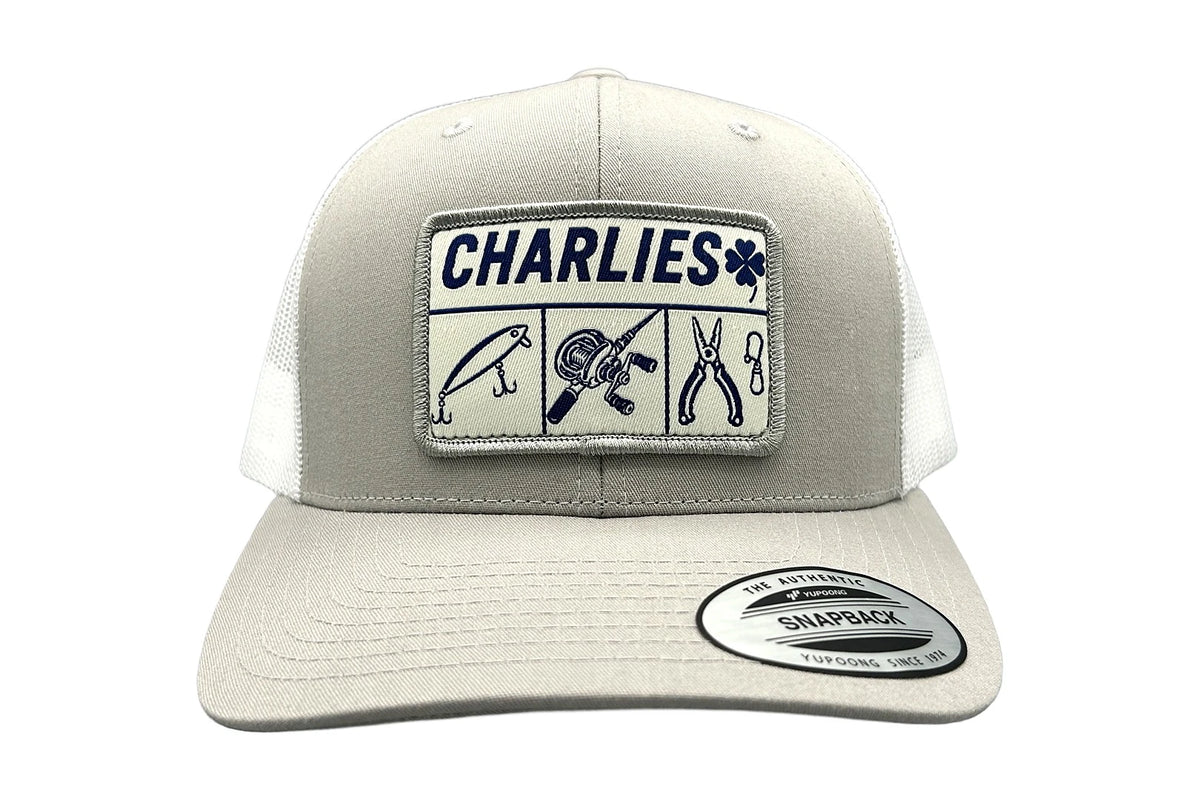 Charlie's Fishing Cap Essential Grey, light grey trucker snapback fishing cap with Charlie's patch, front view