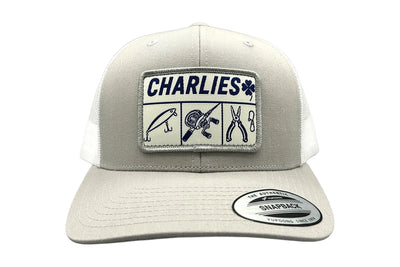 Charlie's Fishing Cap Essential Grey, light grey trucker snapback fishing cap with Charlie's patch, front view