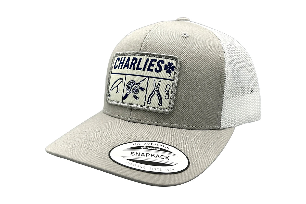 Charlie's Fishing Cap Essential Grey, light grey trucker fishing cap with white mesh back, side view