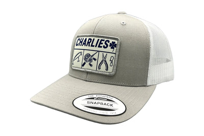 Charlie's Fishing Cap Essential Grey, light grey trucker fishing cap with white mesh back, side view