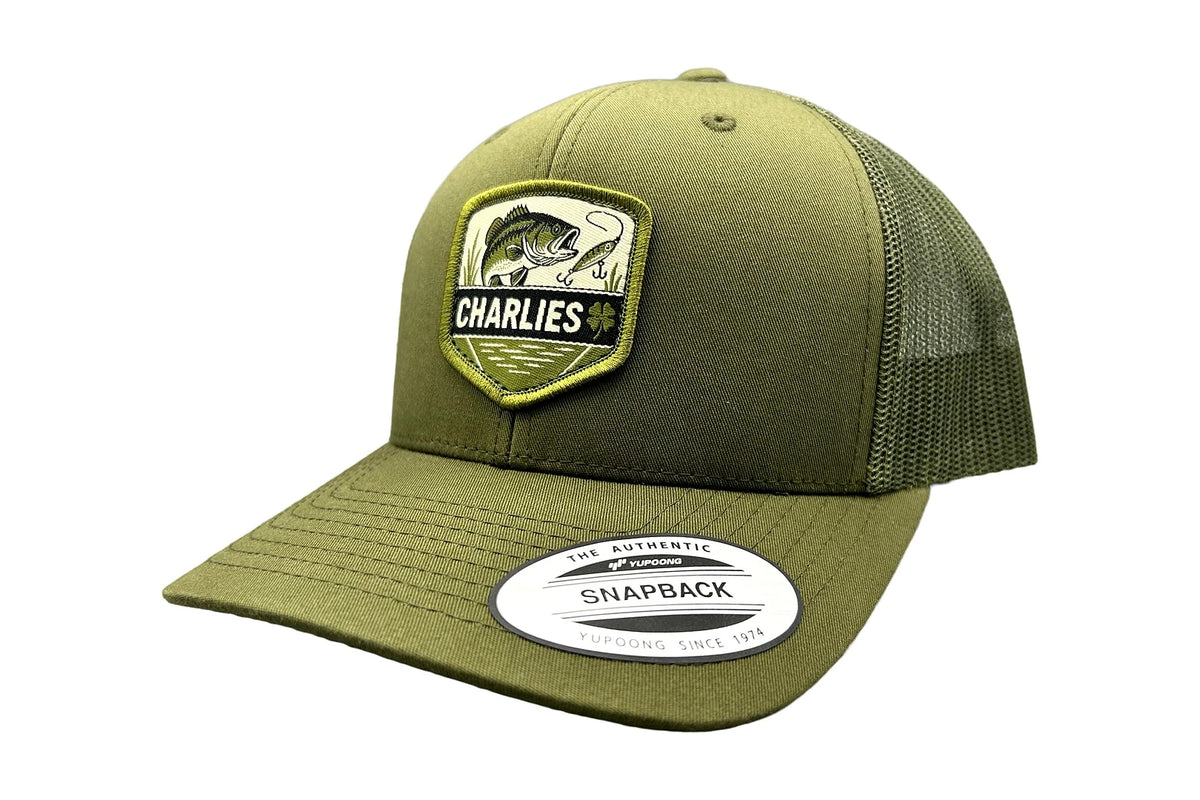 Charlie's Fishing Cap Green Bass, olive green trucker fishing cap with olive mesh back and woven bass patch, side view