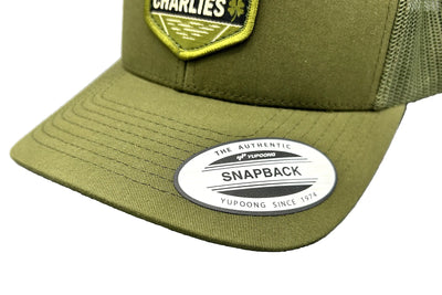 Charlie's Fishing Cap Green Bass, close-up of the curved visor of the olive green snapback fishing cap