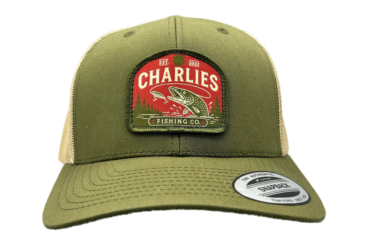 Charlie's Fishing Cap Green Pike, olive green trucker snapback fishing cap with woven pike patch, front view