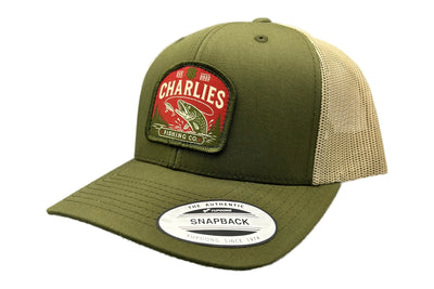 Charlie's Fishing Cap Green Pike, olive green trucker fishing cap with khaki mesh back and woven pike patch, side view