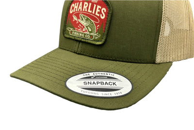 Charlie's Fishing Cap Green Pike, close-up of the curved visor and pike patch of the olive green snapback fishing cap