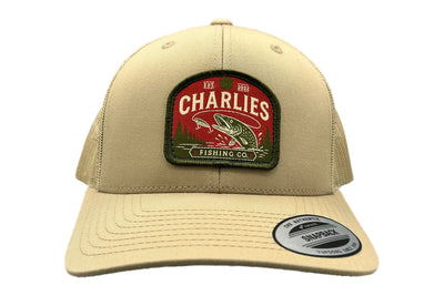 Charlie's Fishing Cap Khaki Pike, khaki trucker snapback fishing cap with woven pike patch, front view