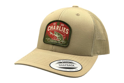 Charlie's Fishing Cap Khaki Pike, khaki trucker fishing cap with mesh back and woven pike patch, side view