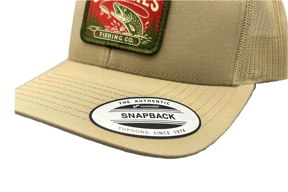 Charlie's Fishing Cap Khaki Pike, close-up of the curved visor and pike patch of the khaki snapback fishing cap