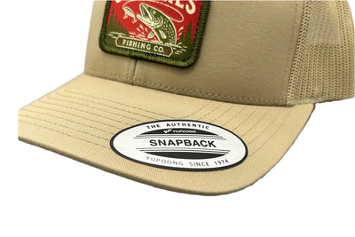 Charlie's Fishing Cap Khaki Pike, close-up of the curved visor and pike patch of the khaki snapback fishing cap